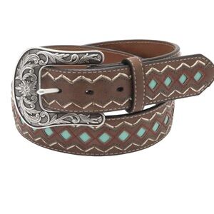 Ariat Brown Leather Belt with Turquoise Diamond Inlay and Silver Buckle